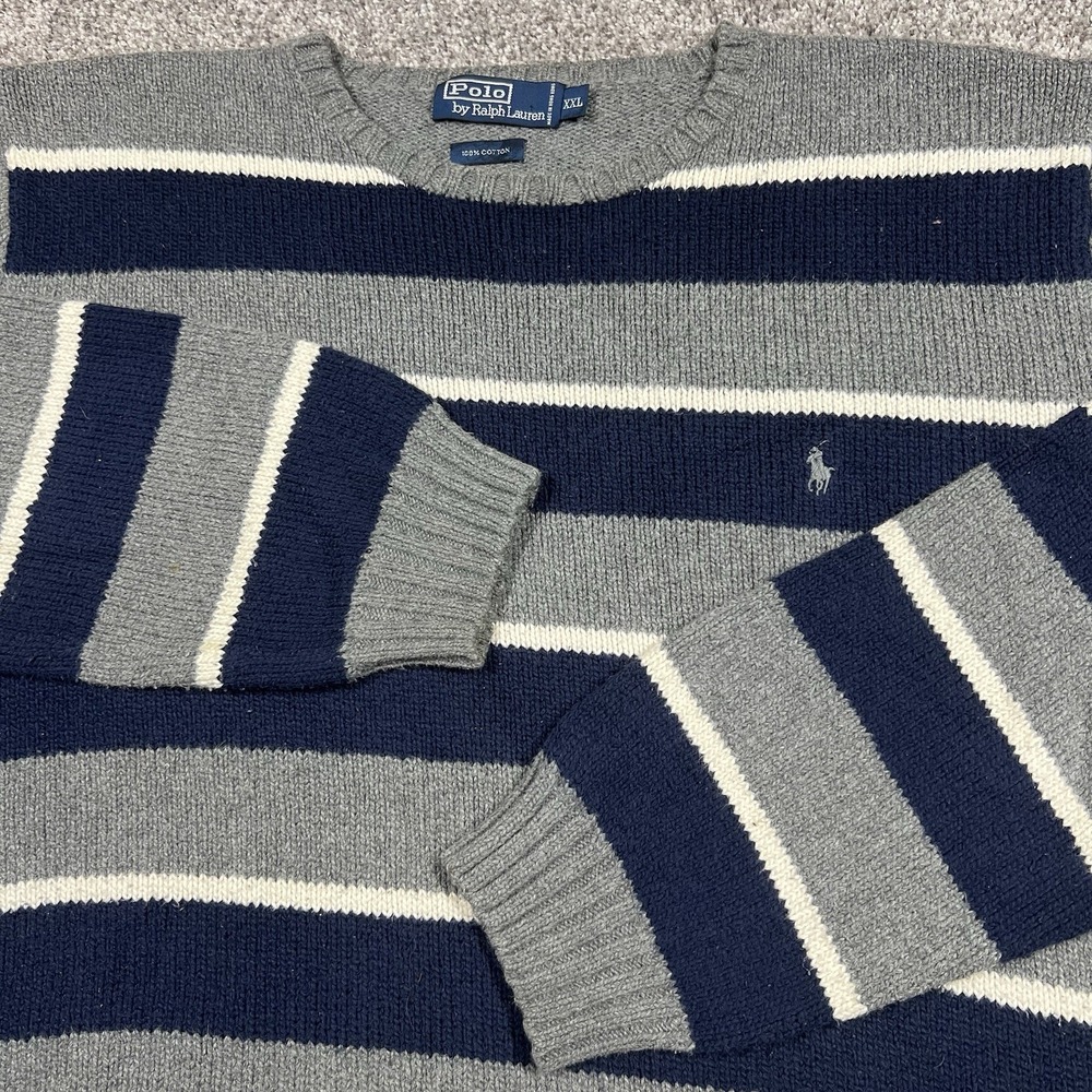 Vintage 1990s Polo Ralph Lauren Sweater XXL Blue White Grey Stripe Chunky Knit
